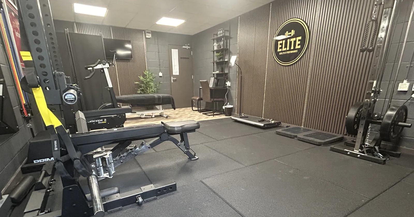 Training floor at Elite Health & Performance, with the clinic's logo wall and force plates